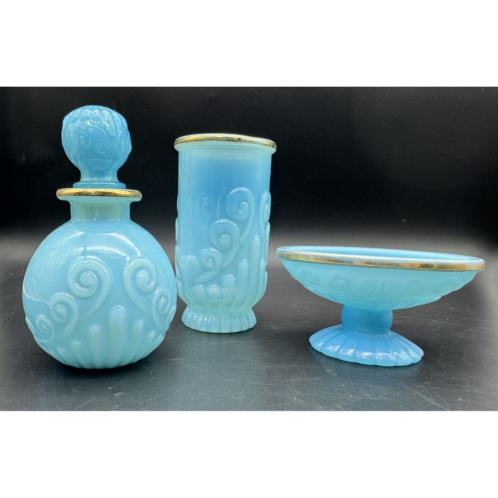 Vintage Avon Blue Milk Glass Vanity Set Decanter Vase Pedestal Dish Gold Trim